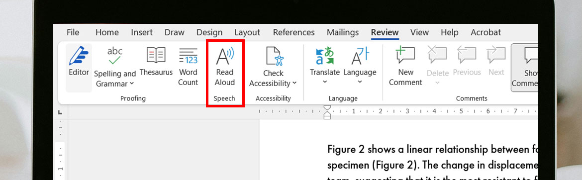 A screenshot showing the Read Aloud feature on Microsoft Word