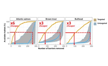 Graph showing that a targeted approach to barrier mitigation is 3-6 times cheaper than removing barriers at random. 