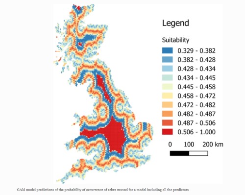 Map showing Great Britain and mussels dispersion color coded from red to green. 