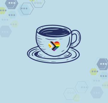 A coffee icon with an LGBT+ progress flag