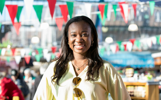 Woman at festival with flags 