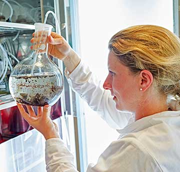 An image of a female in a lab wearing white lab coat and holding a test tube