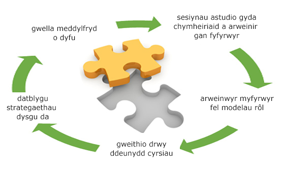 - Sesiynau astudio gyda chymheiriaid a arweinir gan fyfyrwyr - Arweinwyr myfyrwyr fel modelau rôl - Gweithio drwy ddeunydd cyrsiau - Datblygu strategaethau dysgu da - Gwella meddylfryd o dyfu