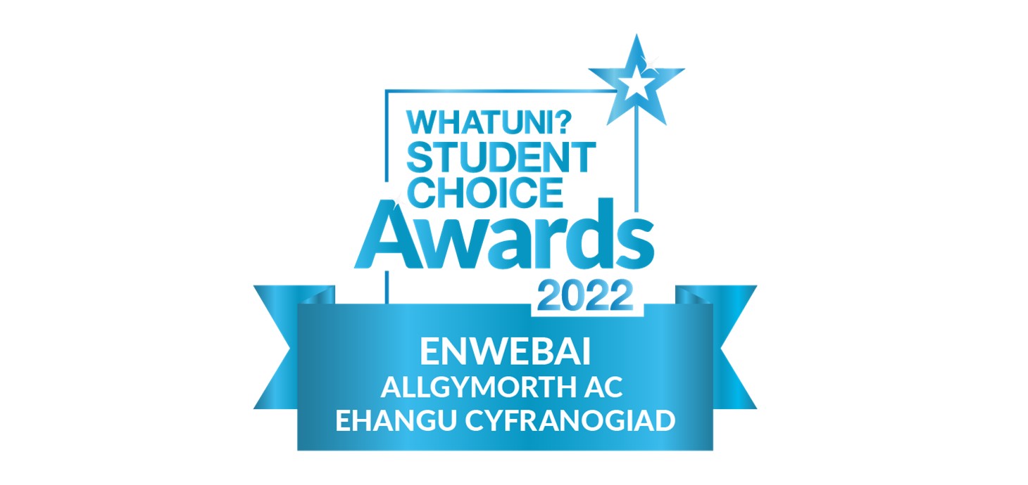 Graffigyn sy'n cyhoeddi bod Prifysgol Abertawe wedi cael ei henwebu yn y categori Allgymorth ac Ehangu Cyfranogiad yng Ngwobrau Dewis Myfyrwyr Whatuni 2022.