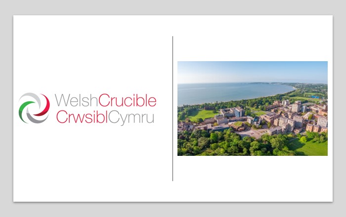 Logo Crwsibl Cymru ochr yn ochr ag awyrlun o gampws y brifysgol