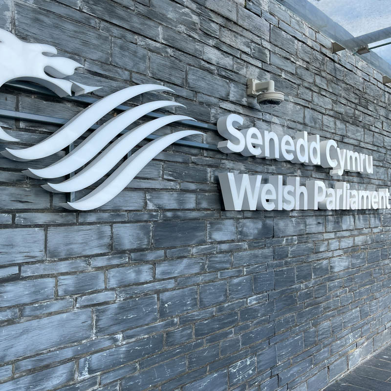 The outside wall of the Senedd