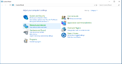 The Control Panel home Screen Window with Network and Internet Highlighted.
