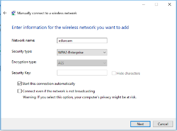 The Manually connect to a wireless network window with the network information filled in.