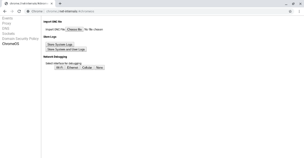 A screenshot of the Import ONC File screen in the Chrome browser, showing a menu on the left on the page with the ChromeOS entry selected. To the right of the menu is the Import ONC File page containing the following text: Import ONC File. Choose file. No file chosen.