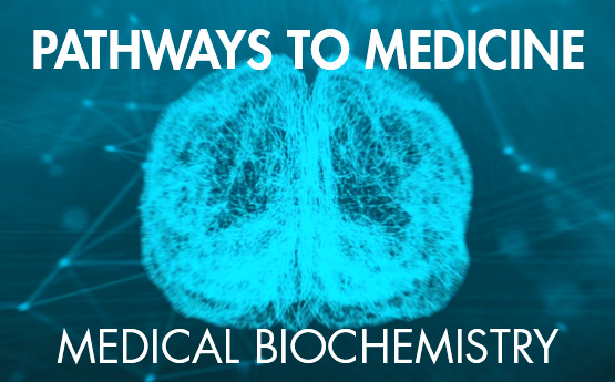 Electric Blue Brain with Pathways to Medicine - Medical Biochemistry written on it. 