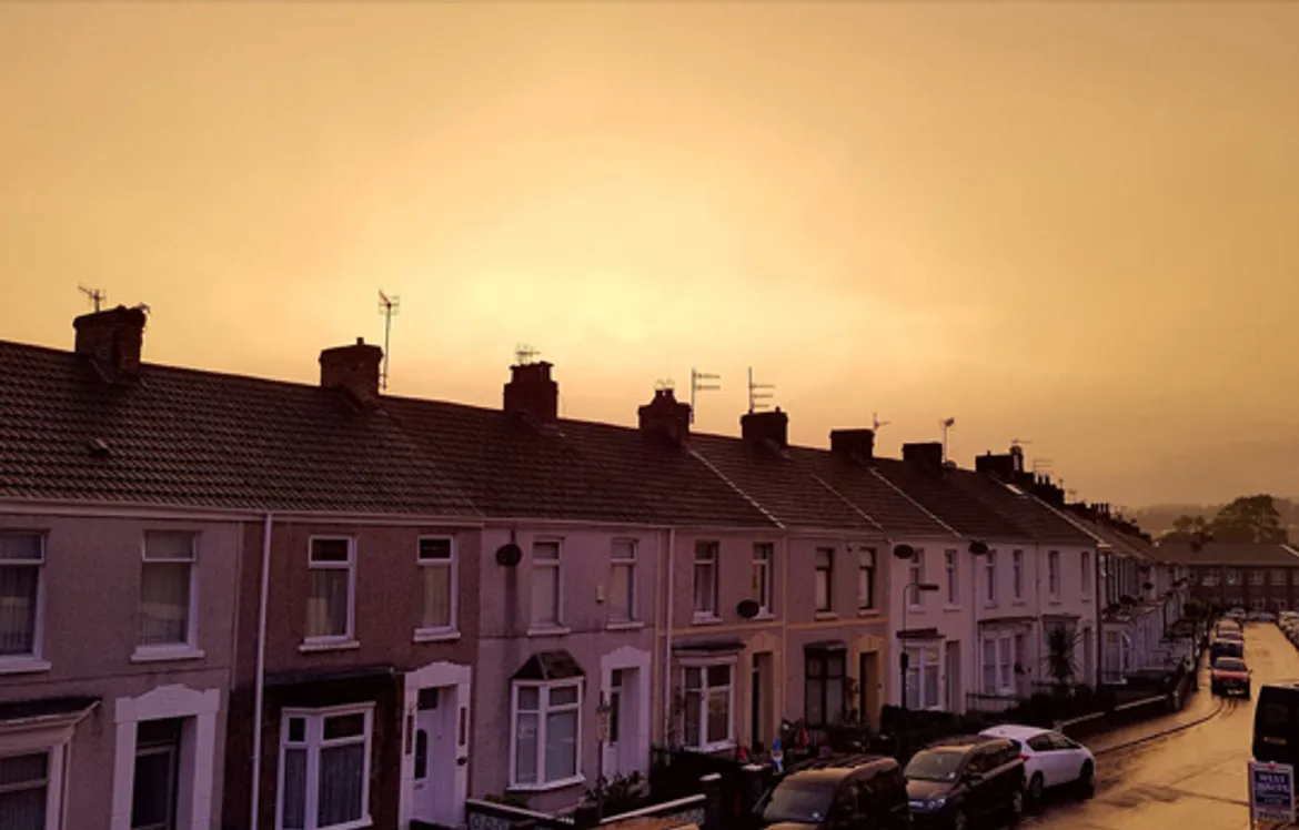 Row of houses at sunset