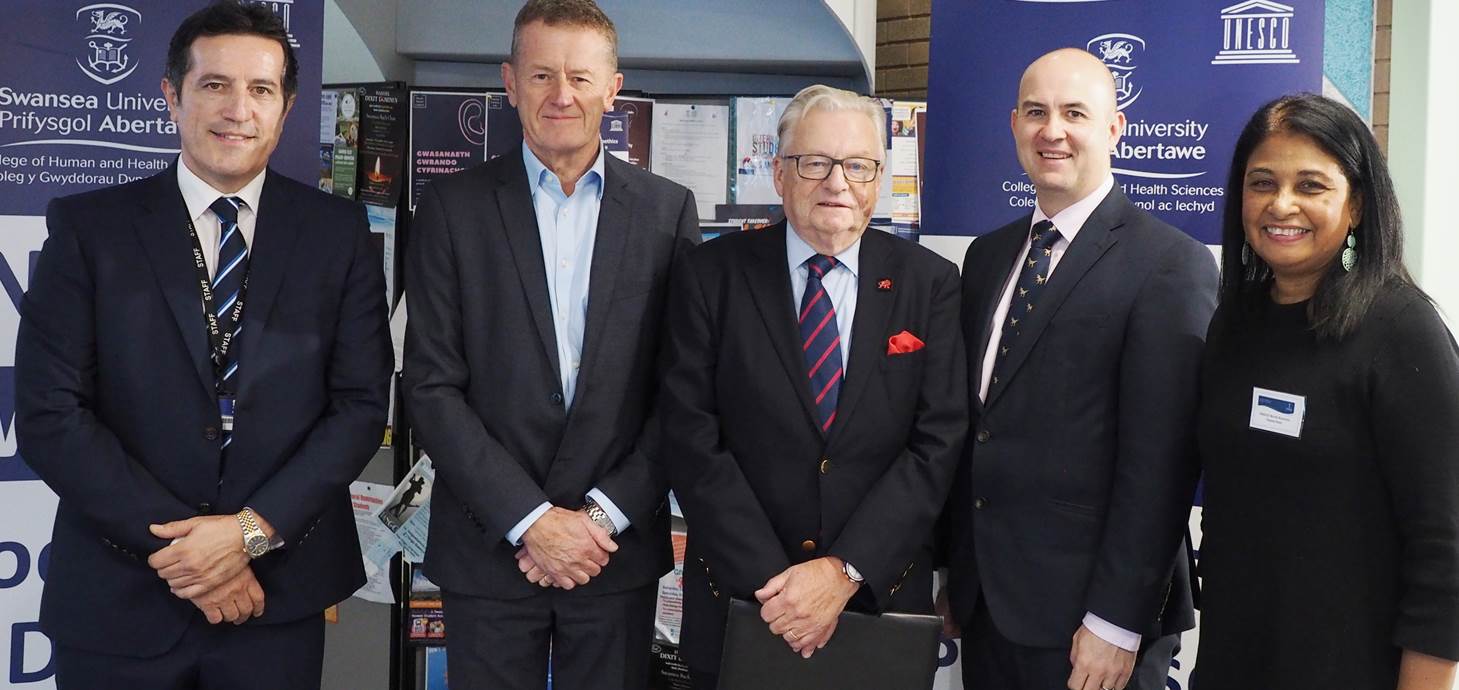 Pictured at the conference are (from left) Paul Joseph, lecturer in Health Care Law and Ethics, head of the College of Human and Health Sciences Professor Ceri Phillips, Dafydd Elis Thomas, Deputy Minister for Culture, Sport and Tourism , Swansea University Registrar Andrew Rhodes and Chantal Patel