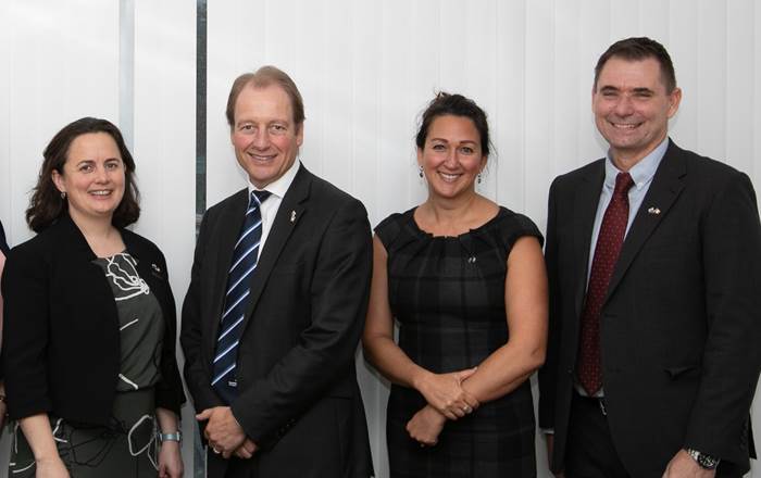 Consul General Denise Hanrahan, Swansea University Vice-Chancellor Prof Paul Boyle, Prof Shareen Doak and Prof Steve Conlan at Swansea University 