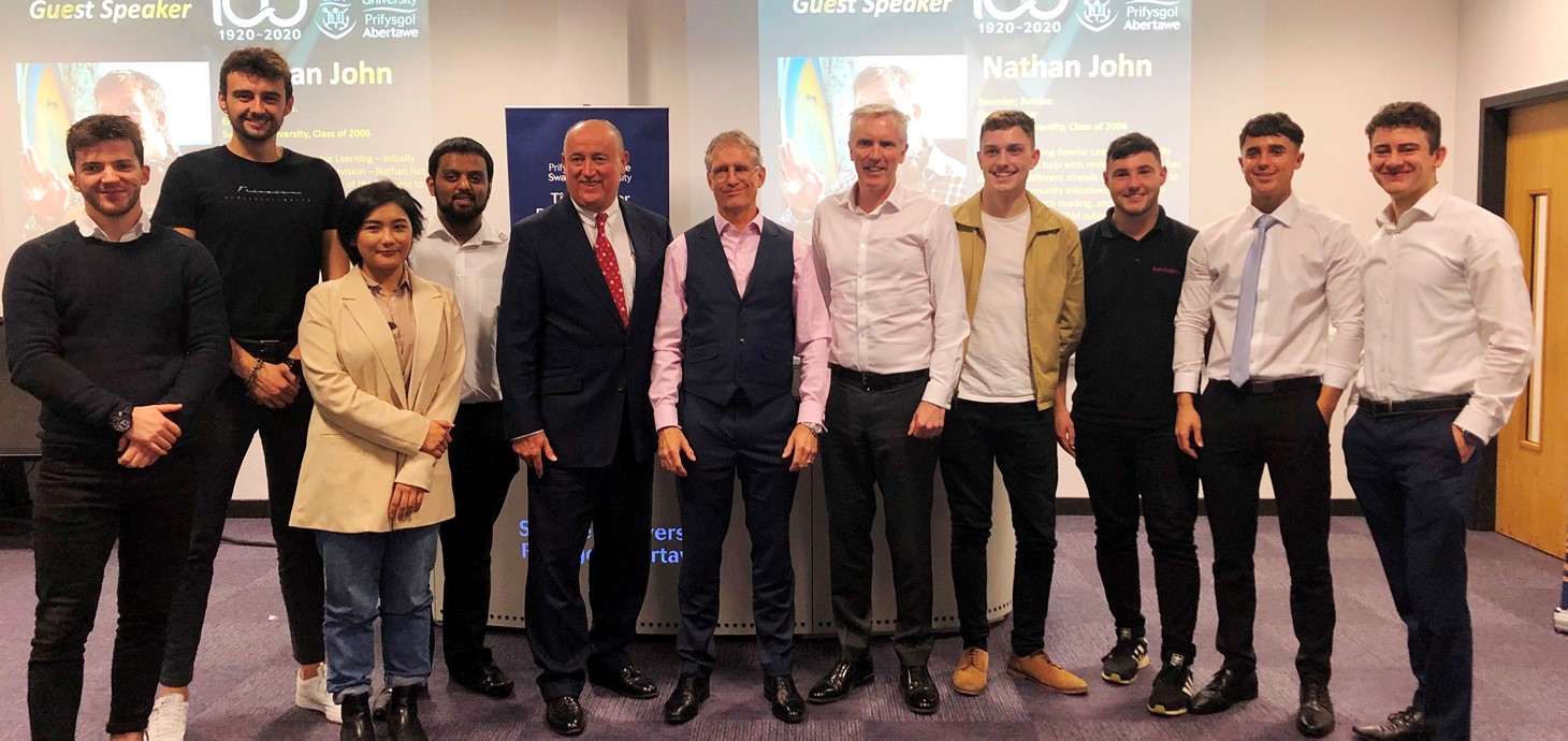 The three mentors Huw Hampson-Jones, Andrew Overton and Simon Saxby are pictured with the students who took part in the Start-up to CEO event.