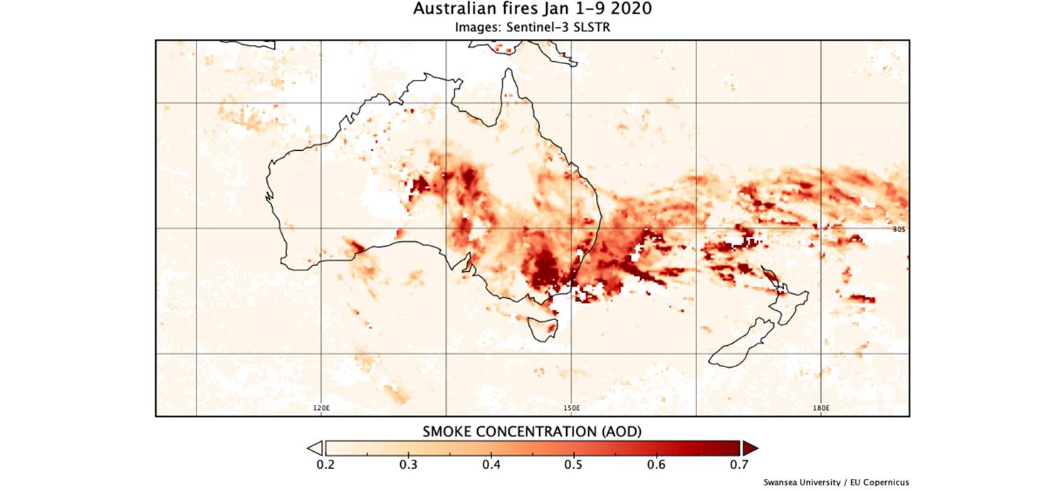 Satellite image of smoke concentration during Australian wildfires.