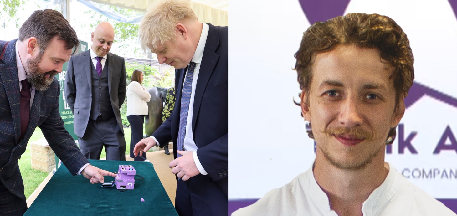 Vindico representatives (L-R | Jo Polson, Managing Director and Ryan Griffiths, Technical Director) and Prime Minister Boris Johnson at the Together for Our Planet launch. Swansea University PhD student Sam Lewis.