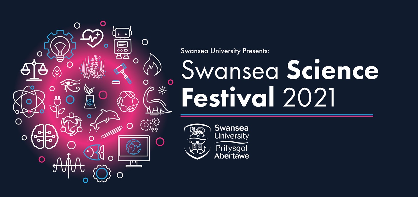 The Swansea University logo, and a variety of graphics, including a dolphin and a robot. TEXT - Swansea University Presents: Swansea Science Festival 2021