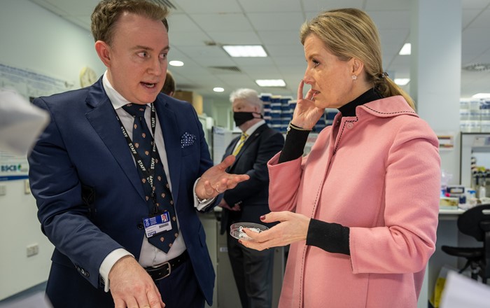 Royal visit to life-changing research facility in Swansea. Prof Iain Whitaker with the Countess of Wessex