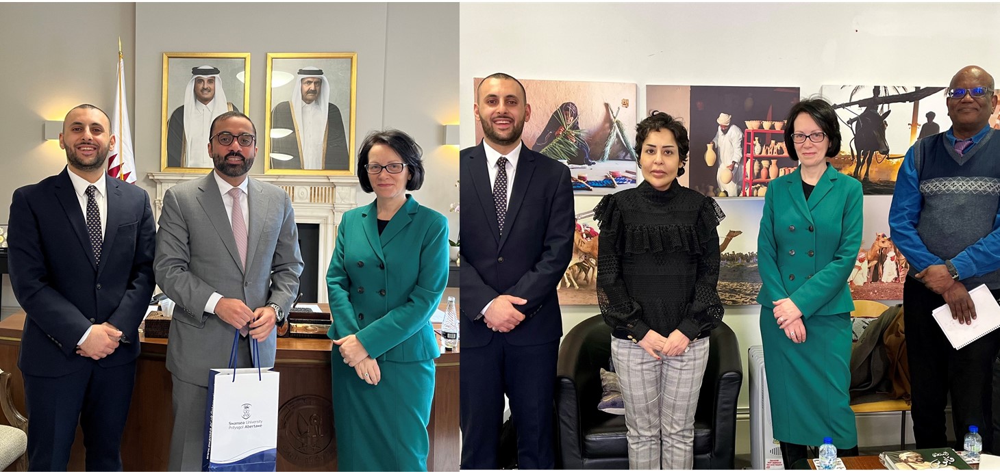 The Swansea team meeting with the Cultural Attaches of Qatar (left) and Oman (right)