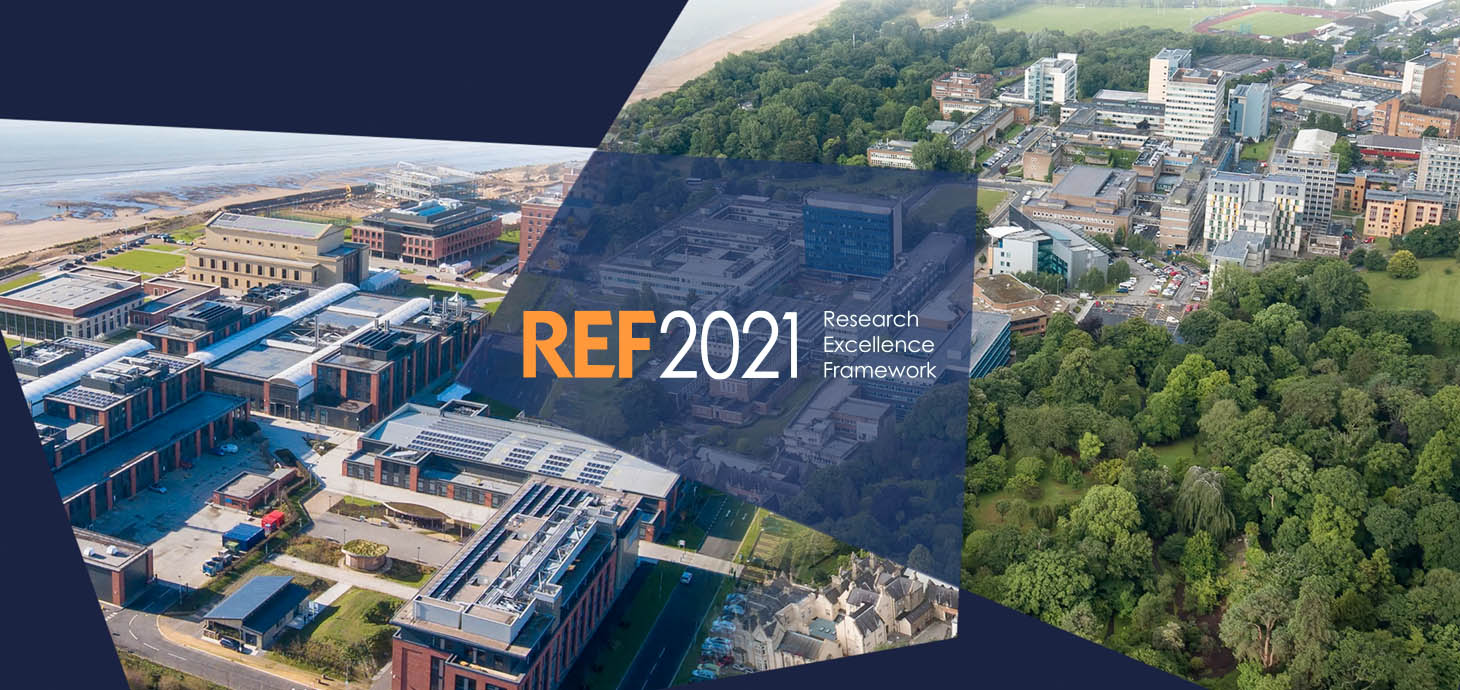 Aerial image of Swansea University’s Bay and Singleton Campus with the REF2021 Research Excellence Framework logo at the centre. 