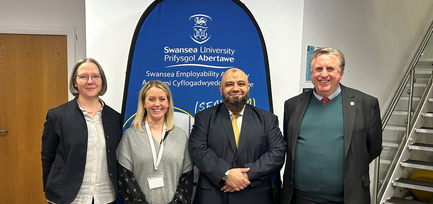 Pictured from left to right: Alison Perry, Head of the School of Law, Lucy Griffiths, Head of SEA, Asim Hafeez, Home Office Director of International, Strategy, Engagement and Devolution, and Michael Draper, Deputy Pro Vice Chancellor for Education.