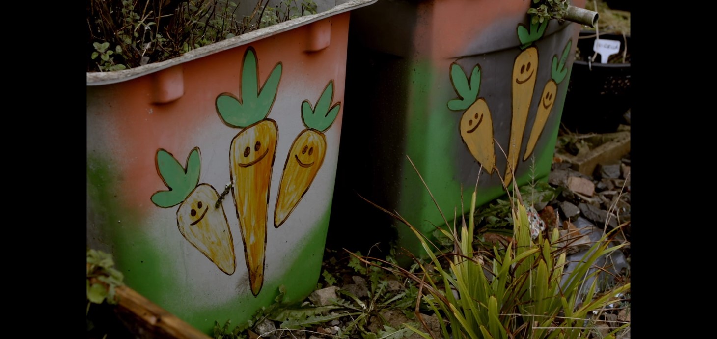 Two brightly coloured planters with cartoon carrots painted on them. 