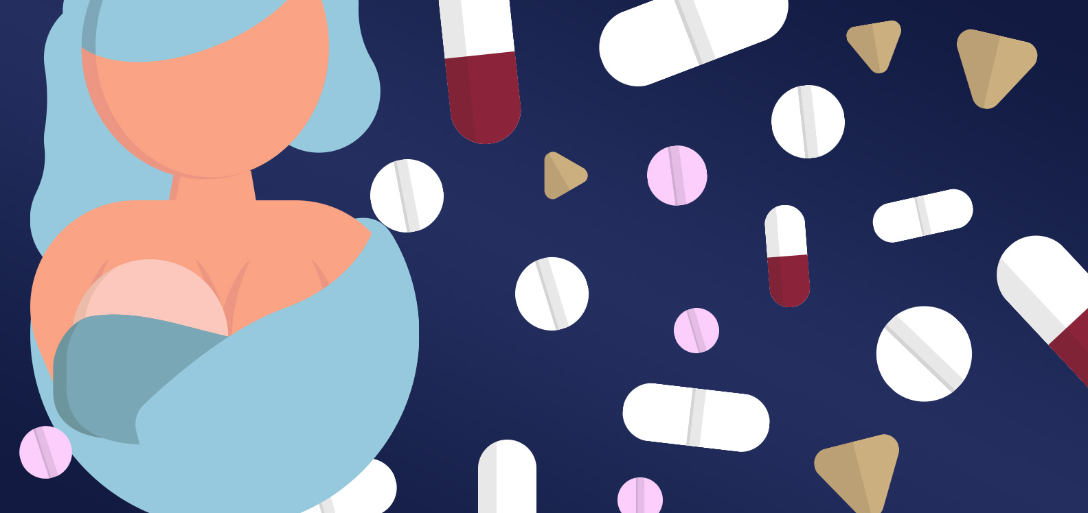 Graphic of a woman holding a baby surrounded by images of medicinal pills and capsules.