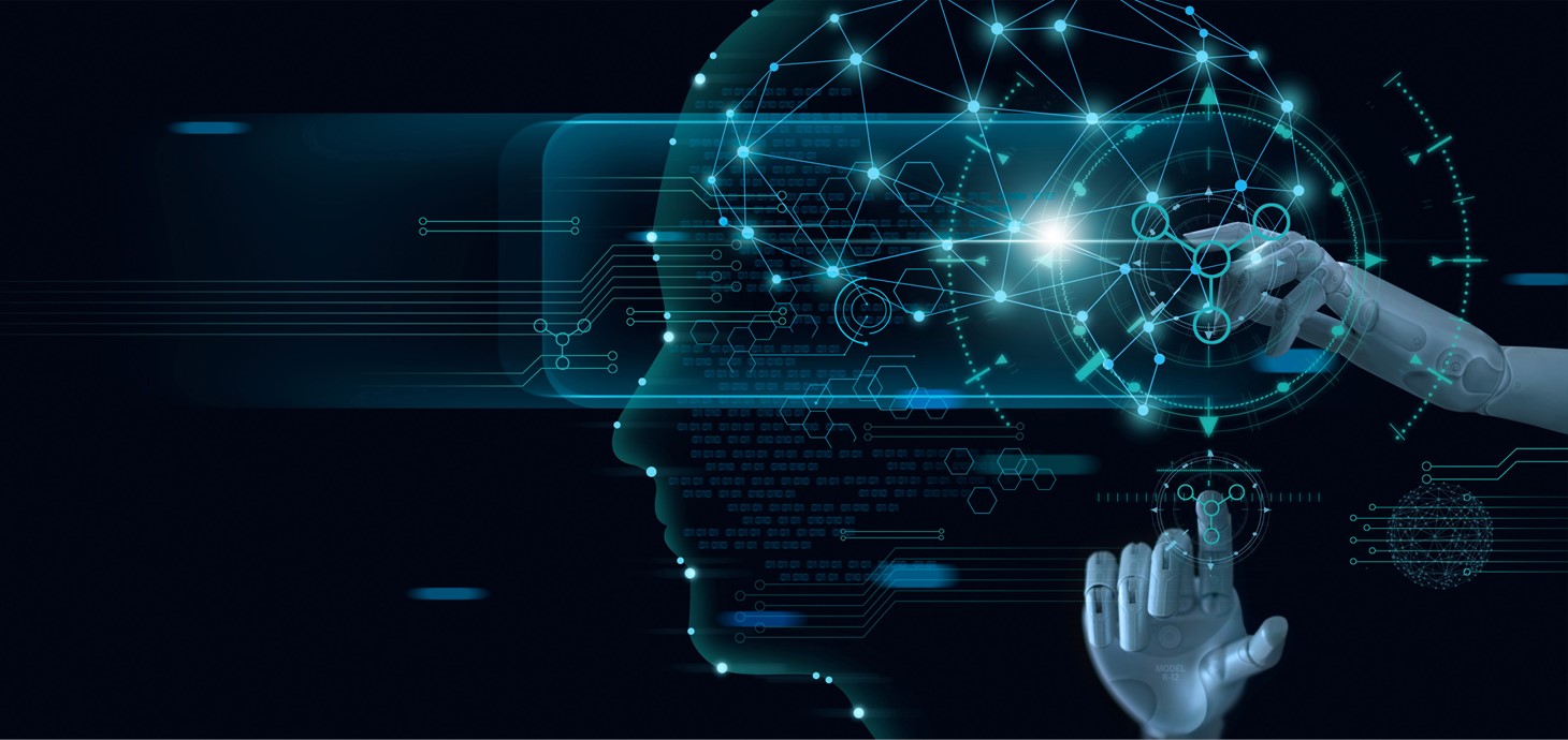 A photo depicting machine learning, with a robot's hand touching binary data.