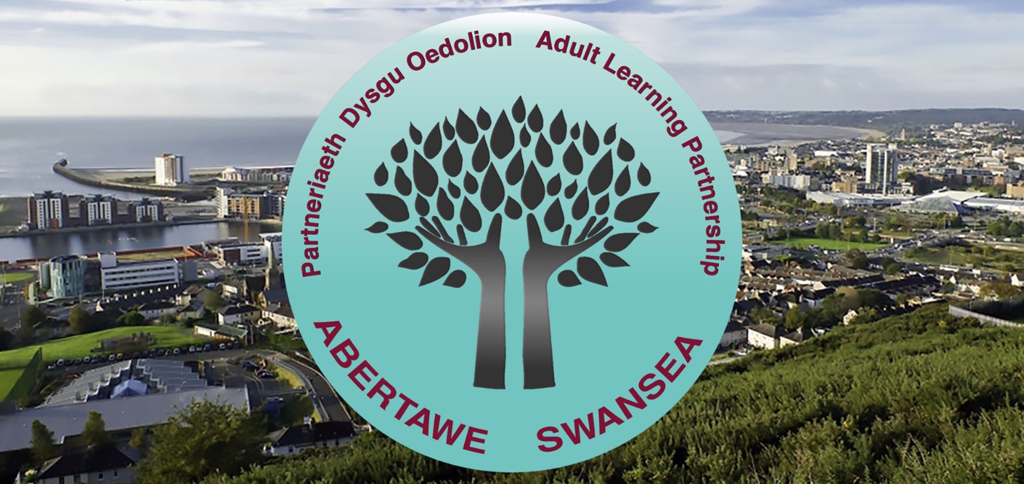 The Adult Learning Partnership Swansea logo with a photo of Swansea in the background.