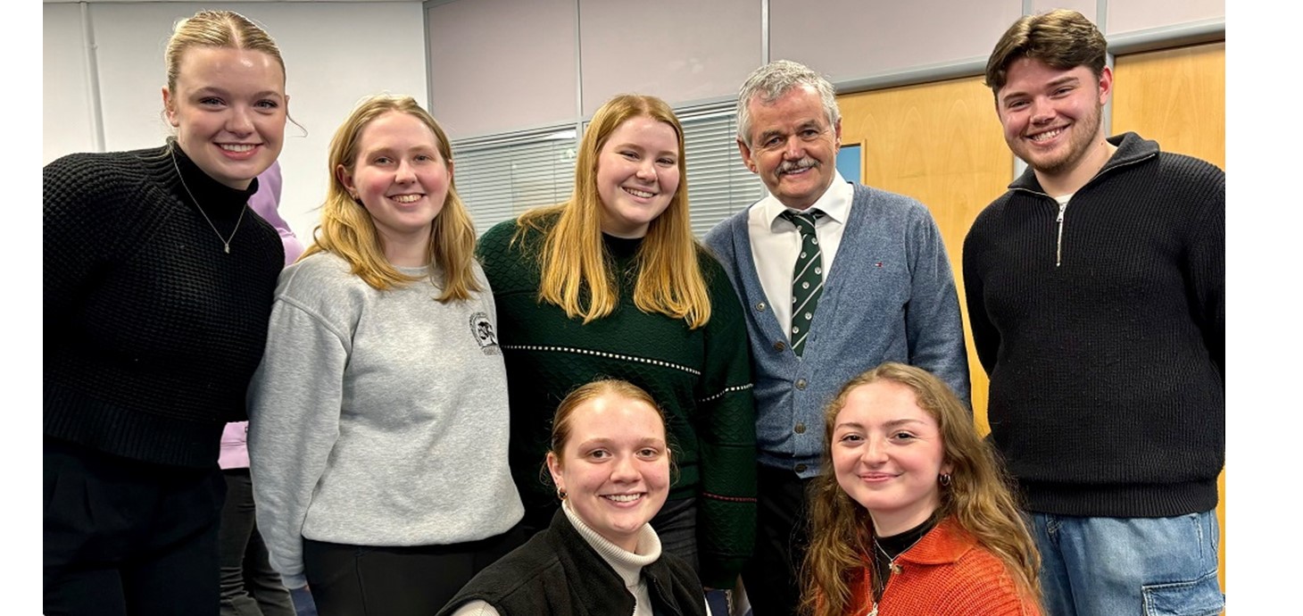 Professor Leo Groarke, President of Trent University (second from right), pictured with Trent students currently on exchange at Swansea