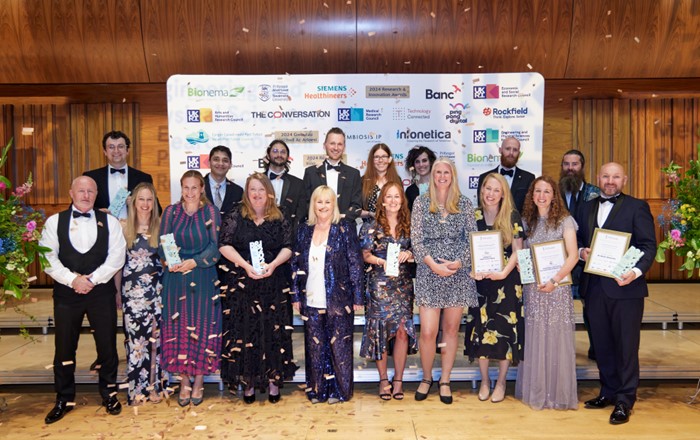 The winners of the Research and Innovation Awards pictured onstage at Swansea University’s Great Hall.