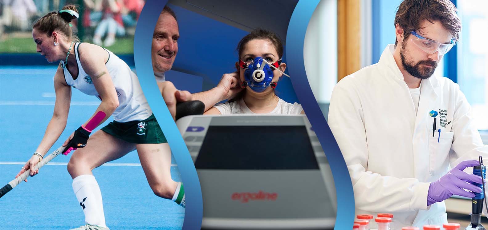 Montage of three images: a woman playing hockey, a woman wearing oxygen mask on exercise bike and a male scientist in a laboratory.