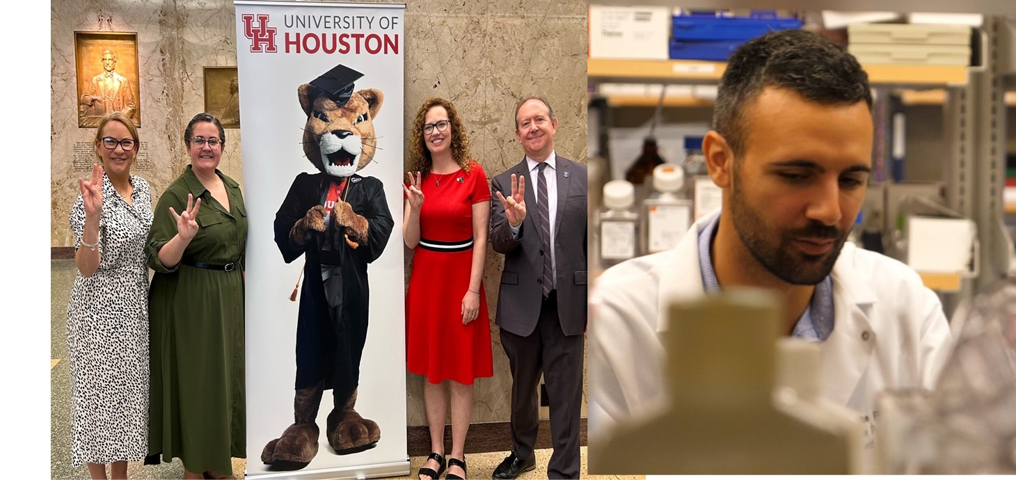 Texas partnerships: left, University of Houston, with (l-r) Dr Caroline Coleman Davies, Maggie Mahoney of UH, Professor Lisa Wallace, and Michael Pelletier of UH; right, Houston Methodist Research Institute which offers a collaborative PhD with Swansea, with researcher Simone Pisano pictured