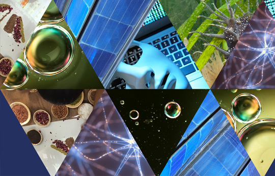 Various images in triangular form - a mask, bubbles, solar panels, grain food in bowls and an electron up close