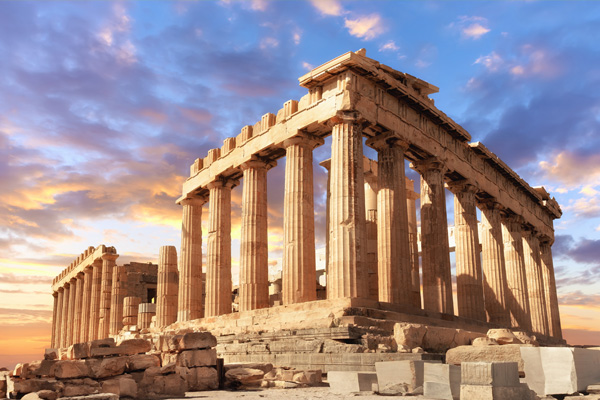 The ruins of an ancient greek temple. Parthenon on the Acropolis in Athens, Greece on a sunset