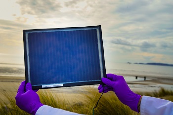 Scientist holding up a solar cell