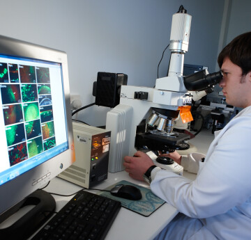 Researcher using a microscope