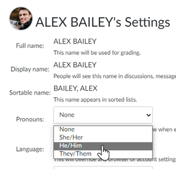 An image showing where you can choose your pronouns on your Canvas settings page