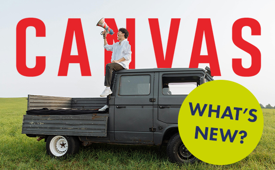 a man sat on a truck shouting through a megaphone. The canvas logo appears behind him, and large text reading 'What's New' appears in the foreground