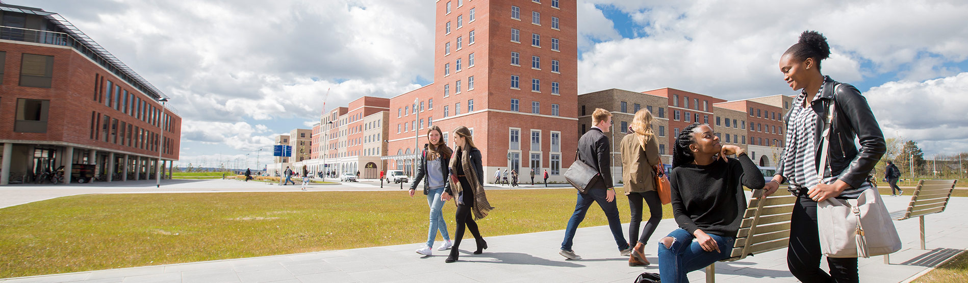 Students walking and sitting on benches at the bay campus.