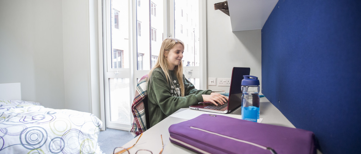 Student in accommodation on Bay Campus